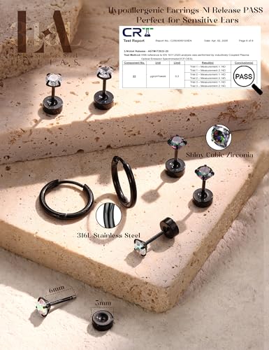 LOLIAS Hypoallergenic Flat Back Earrings for Women-Surgical Steel Earrings for Sensitive Ears 20G Stainless Steel Earring Stacks Small Flatback Stud Hoop Cartilage Earring - color: Black