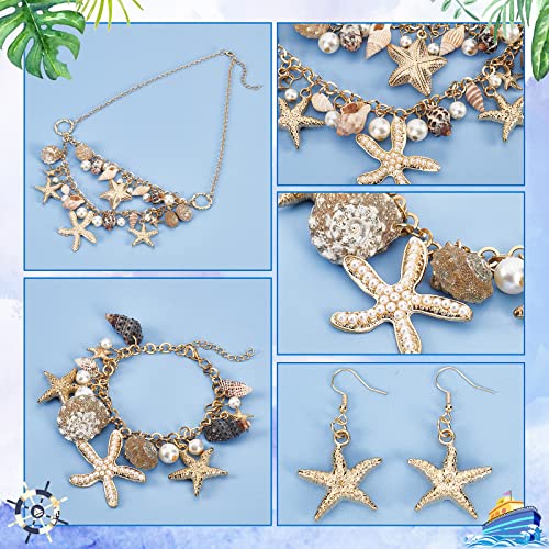 PH PandaHall Mermaid Jewelry Accessories for Women, Gold Starfish Necklace Bracelet Boho Seashell Jewelries Ocean Beach Bib Statement Necklace Earrings for Summer Cosplay Holiday - color: Gold Bracelet & Necklace & Earrrings + Gift Box