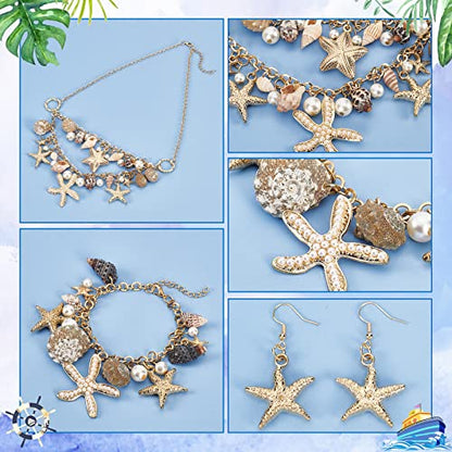 PH PandaHall Mermaid Jewelry Accessories for Women, Gold Starfish Necklace Bracelet Boho Seashell Jewelries Ocean Beach Bib Statement Necklace Earrings for Summer Cosplay Holiday - color: Gold Bracelet & Necklace & Earrrings + Gift Box