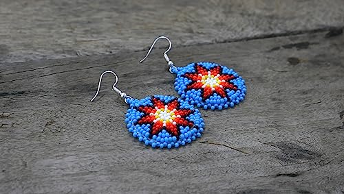 Handmade Native American Style Tribal ethnic Seed Bead Beaded Layered Medallion Necklace - color: Morning Star - Skyblue