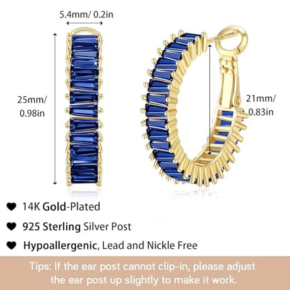 Trendy 14K Gold Plated Hoop Earrings for Women, Chunky Gold/Silver Earrings for Women Cubic Zirconia Baguette Hoop Earrings Heart Hoops Lightweight Hypoallergenic Jewelry,25mm/35mm/40mm/50mm - color: 01 Gold Blue Hoops 25mm