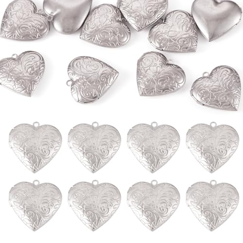 10Pcs 316 Stainless Steel Locket Pendants Silver Heart Photo Frame Charms Heart Locket Charms for Necklaces DIY Memorial Necklace Making - color: Stainless Steel Color, Heart