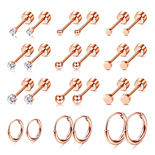 FASACCO Small Tiny Stud Flat Back Earring Hypoallergenic Gold Studs 14K Surgical Steel Earring Sets for Multiple Piercing Cartilage Hoop Earrings - color: rose gold tone