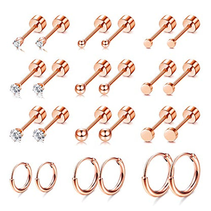 FASACCO Small Tiny Stud Flat Back Earring Hypoallergenic Gold Studs 14K Surgical Steel Earring Sets for Multiple Piercing Cartilage Hoop Earrings - color: rose gold tone