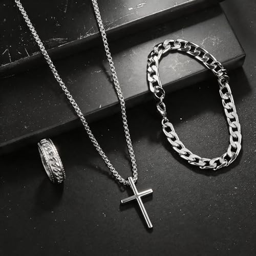 3-Piece Cross Pendant Necklaces Bracelets Rings Jewelry Sets for Men Women,Cuban Chain Bangle,Adjustable Box Link,Religious Charm,Fashion Jewelry Accessories for Party Birthday Gifts - color: Silver