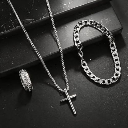 3-Piece Cross Pendant Necklaces Bracelets Rings Jewelry Sets for Men Women,Cuban Chain Bangle,Adjustable Box Link,Religious Charm,Fashion Jewelry Accessories for Party Birthday Gifts - color: Silver