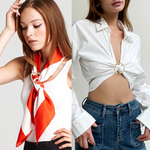 15pcs Silk Scarf Ring Clips, Premium T-Shirt Tie Clips for Women, Fashion Metal Waist Cinch Buckles for Loose Clothes Accessories(Gold/Silver)