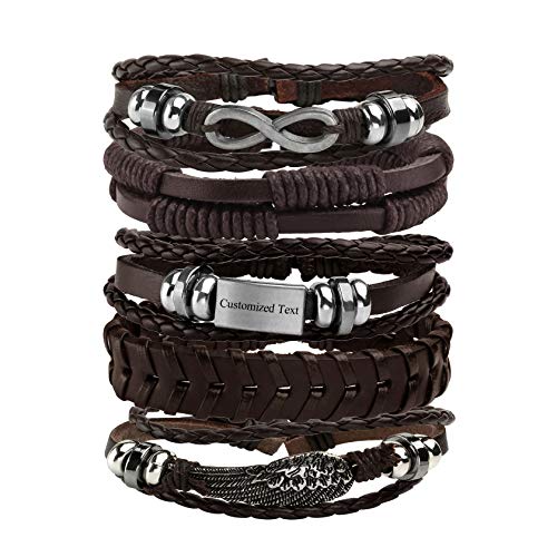 5 Pcs Braided Leather Bracelets for Men Women Woven Cuff Bracelet Adjustable - color: Brown(Engraved)