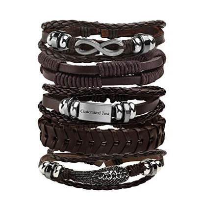 5 Pcs Braided Leather Bracelets for Men Women Woven Cuff Bracelet Adjustable - color: Brown(Engraved)