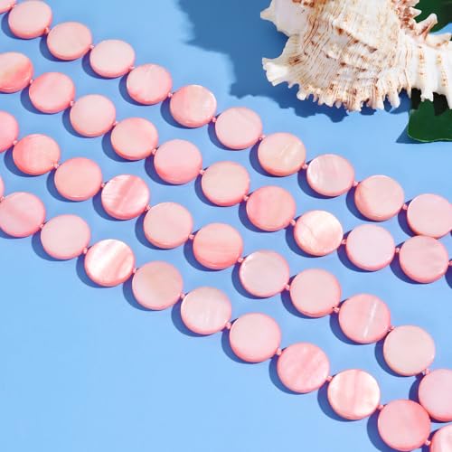Firstmeet Flat Round Coin Shell Beads Long Knotted Necklace Natural Mother of Pearl Handmade Jewelry For Women - color: Pink