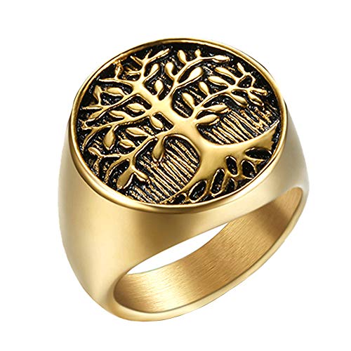 Men's Stainless Steel Vintage Gold Plated Tree of Life Ring Signet Biker Band Round Top - color: Black Gold