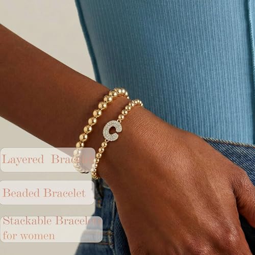 Initial Stack Bracelet Set for Women Trendy 14K Gold Plated Beaded Stackable Stacking Stretch Name Bracelets Dainty Friendship Waterproof Charm Cute Birthday Jewelry Gifts for Women - color: Initial C
