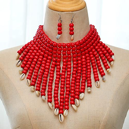 COLORFUL BLING Chunky Wooden Beaded Seed Bib Collar Necklace Boho Layered Africa Wood Shell Strand Choker Necklace Jewelry Set for Women - color: red