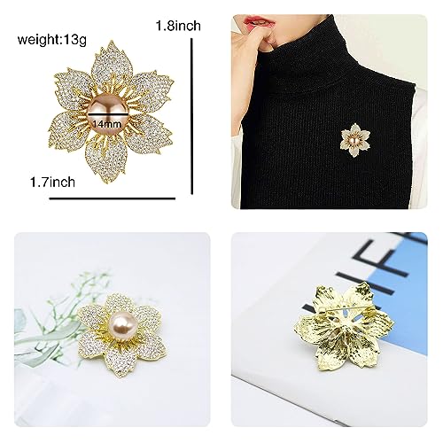 Gold/Silver Bauhinia Flower Crystal Brooches Pins Fashion Beautiful Created Rhinestone Pearl Floral Brooch Good Idea for Party Dance Wedding Banquet for Elegant Women Girl (Style 1)