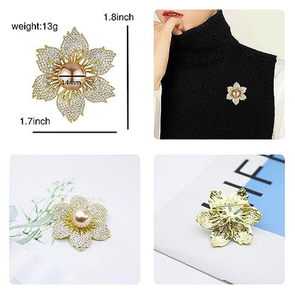 Gold/Silver Bauhinia Flower Crystal Brooches Pins Fashion Beautiful Created Rhinestone Pearl Floral Brooch Good Idea for Party Dance Wedding Banquet for Elegant Women Girl (Style 1)