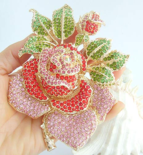 Gorgeous Wedding 5.32" Big Rose Flower Brooch Pin Austrian Crystal Pendant BZ2994 - color: Golden Red and Pink