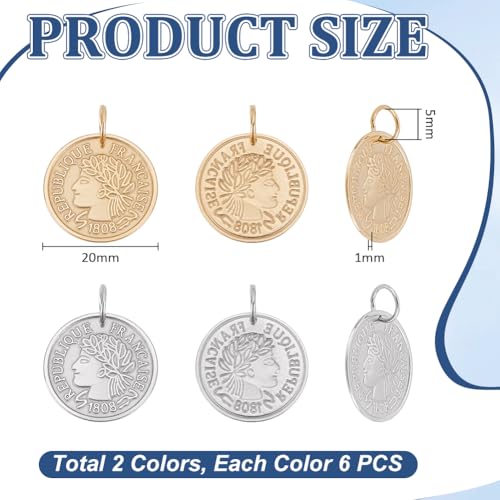 UNICRAFTALE 12pcs Stainless Steel Coin Pendant Republique Francaise 1808 Metal Pendant Flat Round Charms Coin Dangle Medallion Charm for DIY Jewelry Making - color: Golden & Stainless Steel Color
