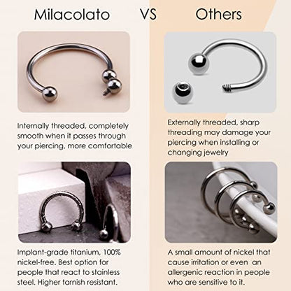 MILACOLATO 2Pcs Implant Grade Titanium Septum Rings for Women Men 16G | G23 Solid Titanium Internally Threaded Horseshoe Circular Barbell Piercing Jewelry for Nose Lip Tragus Eyebrow Helix Daith - color: 2pcs-black&steel-16g/10mm