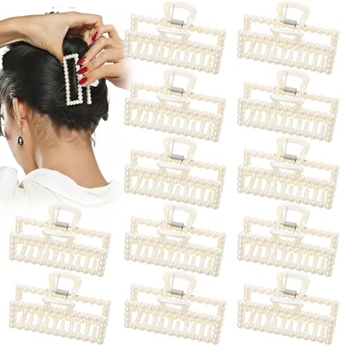 Canlierr 12 Pcs Pearl Hair Claw Clips Bulk for Women White Pearl Claw Barrettes for Thin Curly Thick Long Cute Non-slip Strong Hold Hair Styling Accessories for Bridesmaid Women Wedding (Rectangle) - style: Rectangle