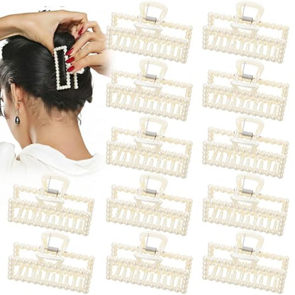 Canlierr 12 Pcs Pearl Hair Claw Clips Bulk for Women White Pearl Claw Barrettes for Thin Curly Thick Long Cute Non-slip Strong Hold Hair Styling Accessories for Bridesmaid Women Wedding (Rectangle)