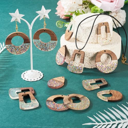 Beadthoven 16Pcs/8 Pairs Resin Wood Earrings Pendants, Colorful Glittery Clear Wooden Charms Pieces Boho Earrings Making Kit for Jewelry Making DIY Craft Women Mix Shapes - color: Clear Glittery Mix