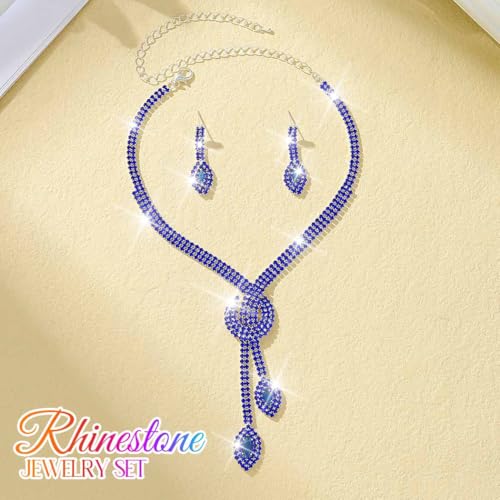 Unicra Silver Rhinestone Bridal Wedding Jewelry Set Crystal Necklace Earrings Sets Formal Prom Costume Jewelry Sets for Women and Brides - color: Blue