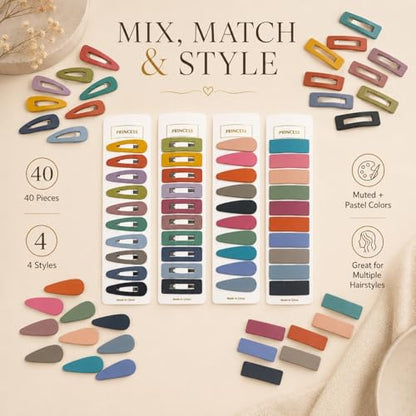 Bphne 40 Pcs Matte Non-Slip Snap Hair Clips for Women, Mixed Teardrop & Rectangle Barrettes, Cutout & Solid Metal Pins Set, Secure Grip for Fine Thick Hair Office Home - color: Mixed Cutout & Solid