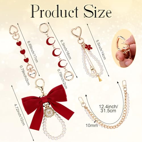 Sureio 5 Pcs Bag Extender Chain Pearl Purse Chain Ribbon Bow Keychain Extender Bag Strap Purse Charms Accessories for Handbag - color: Gold and Red