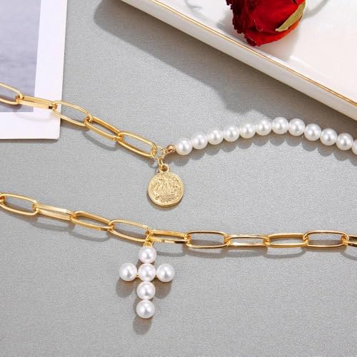 Layered Pearl Cross Pendant Necklace Set for Women,Vintage Coin Paperclip Statement Collarbone Necklace,Trendy Party Banquet Jewelry Accessories Gift