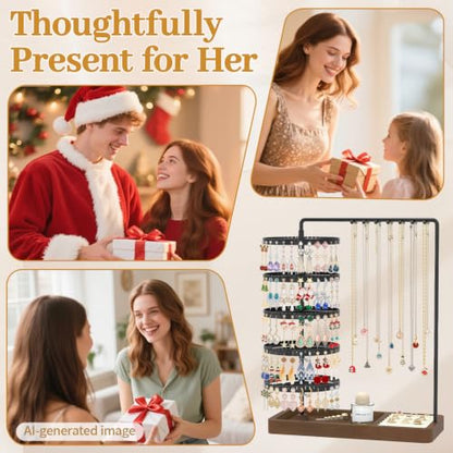 MODOWEY Earring Holder Organizer Jewelry Stand, 285 U-Slots Adjustable Rotating Earring Tree Rack, 14 Hooks Tall Necklace Display for Women, 5 Tier Compact Large Capacity Tower with Ring Tray, Black - color: Black-Brown