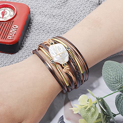 Fesciory Leather Wrap Bracelet for Women, Boho Western Layered Cuff Jewelry | Stackable Bracelets, Easy-On Clasp, Daily Wear, Pairs with Boho Western Outfits, Gift for Women - color: Brown4