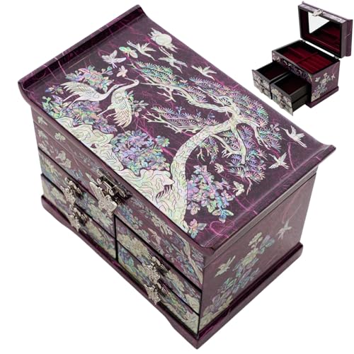 February Mountain Mother of Pearl Jewelry Box – Elegant Korean Jewelry Organizer with Velvet Lining, Unique Christmas Gift for Women, Mom, and Grandma, Decorative Keepsake Box for Rings and Treasures - style: Crane and Pine Tree - Purple
