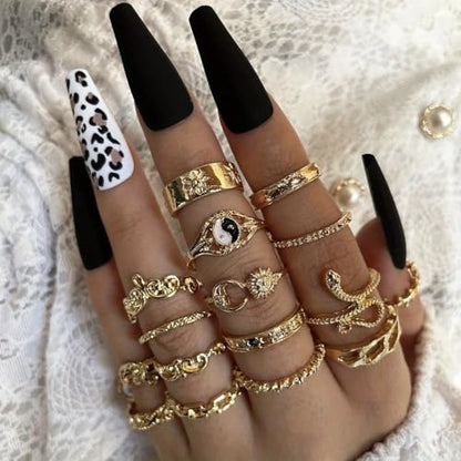 Gold Stackable Ring Sets Yin Yang Patterns Adjustable Alloy Finger Rings for Punk Boho & Daily Wedding Jewelry - color: Multicolor3