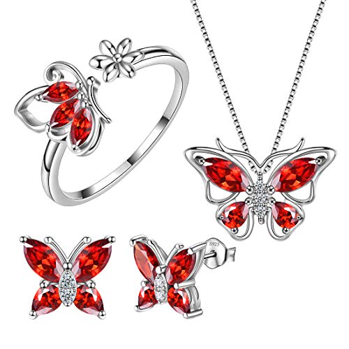 Aurora Tears Butterfly Jewelry,Women 925 Sterling Silver Butterflies Birthstone Pendant Necklace/Earrings/Rings Wedding Gift - color: A.January-set 2
