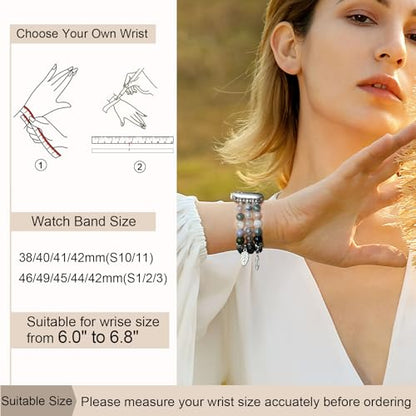 Newlibery Natural Stone Bracelet Beaded-Band Women Compatible with Apple Watch 42mm(S3/2/1) 44/45/46/49mm Feminine Handmade Stretch Strap for iWatch Series 11/10/9/8/7/6/5/4/3/2/1 SE 3/2/1 Ultra1/2/3 - color: A2 Rhyolite jasper, size: 46(s10/11)/49/45/44/