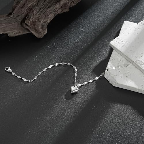 Ritach Gold/Silver Ankle Bracelets for Women 14K Gold Anklets for Women Waterproof Cuban Link Heart Bead Anklets Set Layered Anklet Bracelets for Women Gold Jewelry Gift - color: Silver heart