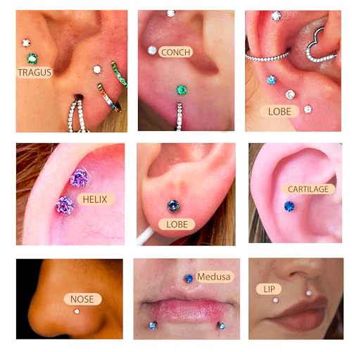 20G Flat Back Earrings Studs 18G Nose Rings 24K Gold Plating 3 Pairs Titanium Threadless 16G Cartilage Earrings for Women Men Tragus Conch Helix Medusa Lip Piercing Jewelry - color: polish emerald cz, size: 18G
