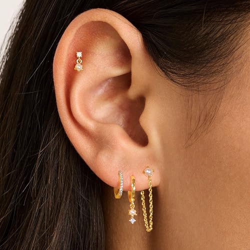 Gold Plated Earrings for Women, 14k Gold Plated Earring Stack Hypoallergenic Pearl Drop Earring Dainty Earrings for Women Trendy Cute Small Huggie Hoop Earring Fashion Womens Jewelry - color: SET2
