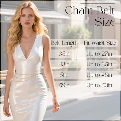 Chain Belt for Women Fashion Multilayer Metal Waist Chain Dress Belt Adjustable - size: Fit Waist Up to 53'', style: Gold-C
