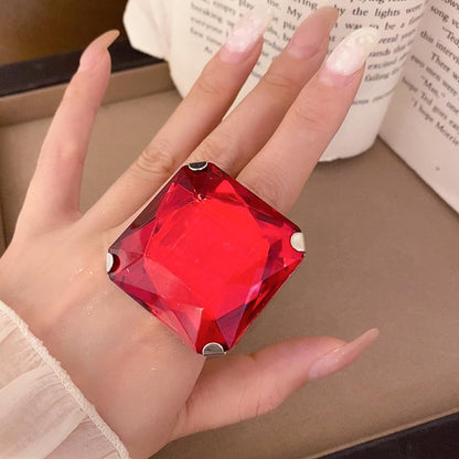 Chunky Oversized Huge Square Open Ring for Women Artificial Crystal Rhinestone Band Rings Statement Geometry Exaggerated Adjustable Cocktail Party Jewelry - color: Red