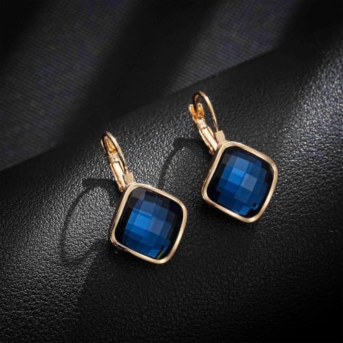 Austrian Crystal Square Leverback Drop Earrings for Women | Classic Square-Cut Crystal,14K Gold-Plated,Leverback for Easy Secure Wear,Gift Box Included,For Day and Evening Events - color: Dark Blue