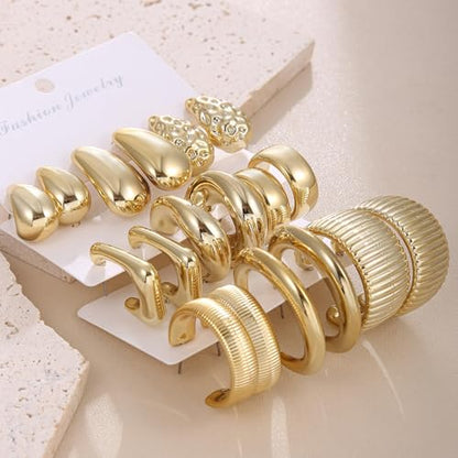 9 Pairs Women's Hypoallergenic Thick Gold Drop Earrings, Fashion Thick Gold-Plated Hoop Earrings Set, Lightweight Jewelry