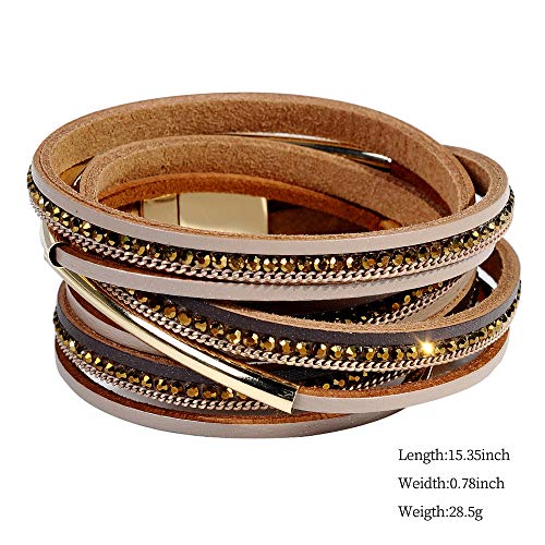 Artilady Leather Wrap Bracelet for Women, Pearl Beaded Bangle Stack Jewelry | Easy on-off, Elegant Handmade Multi-Layered, Daily Casual Date Beach Vacation, Gift for Ladies, Mother, Sister & Friend - style: Dark Brown with Gold ba