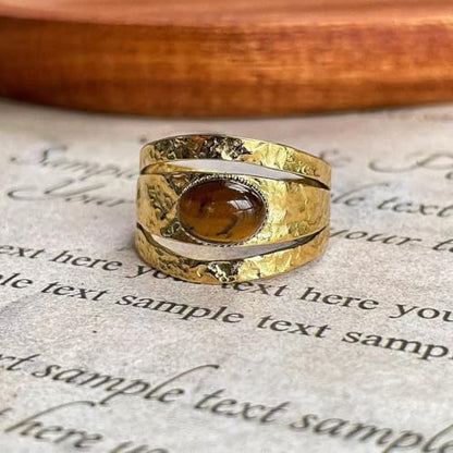 Western Captivating Tiger's Eye Stone Ring,Solitaire 8 * 10mm Oval Cut Gemstone 18K Gold Plated Stack 13mm Wide Ribbed Texture Band Statement Ring for Women - style: Tiger's Eye S