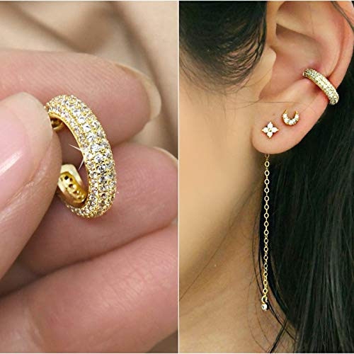 Ear Cuffs for Women - CZ Paved Hoop Conch Cuff Earrings for Men - Sparkle Rhinestones Clip On Wrap Earrings Non Pierced - color: Gold - White CZ