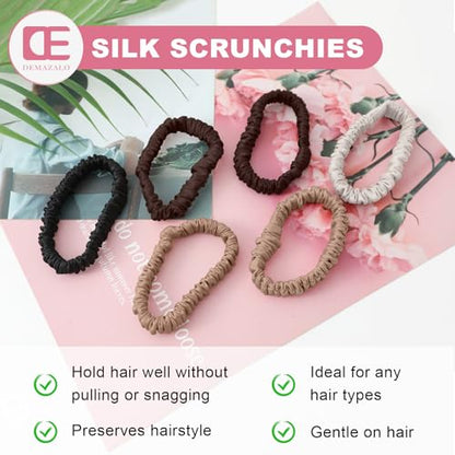 6Pcs Silk Hair Ties 100% Pure Mulberry Silk Scrunchies for Women Girls | No Hair Crease, Anti Frizz, Gentle Hold, No Damage, Color 03 - color: Tan&Dark Brown&Brown&Beige