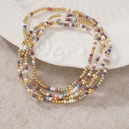 Seed Beaded Stack Bracelets Set for Women,Small Boho 4Pcs Colorful Handmade Dainty Trendy Gold Stretch Accessories Jewelry, Summer Daily Party Friendship Gift - color: Purple Gray