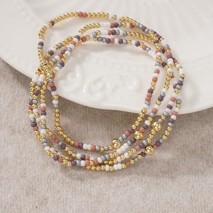 Seed Beaded Stack Bracelets Set for Women,Small Boho 4Pcs Colorful Handmade Dainty Trendy Gold Stretch Accessories Jewelry, Summer Daily Party Friendship Gift - color: Purple Gray