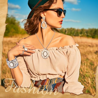 Ecally Bohemian Western Jewelry Turquoise Set Women Country Pendant Long Choker Layered Bracelets Earrings Ring for Women - color: White, style: Lovely