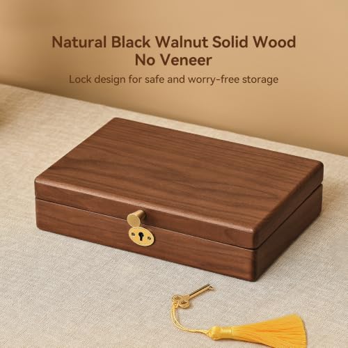 Black Walnut Wooden Lockable Jewelry Box, Natural Solid Wood Jewelry Organizer, Velvet Lined Case with Adjustable Dividers for Necklace Ring Earrings Bracelet, Handcrafted Gifts for Mom Women Girls - color: 1 Layer Lockable
